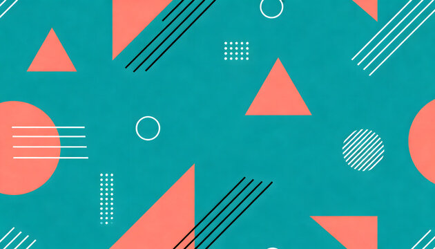 Abstract memphis style background with coral triangles, circles, and lines on a teal green texture