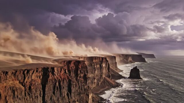 Dramatic coastal cliffs endure fierce sandstorm under dark churning storm clouds