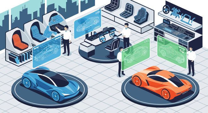 Futuristic Cars in Virtual Showroom Setting.