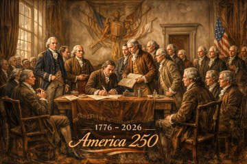 Fototapeta na wymiar Cinematic recreation of July 4 1776 Declaration of Independence signing at Independence Hall Founding Fathers America250 semiquincentennial 1776-2026 commemoration