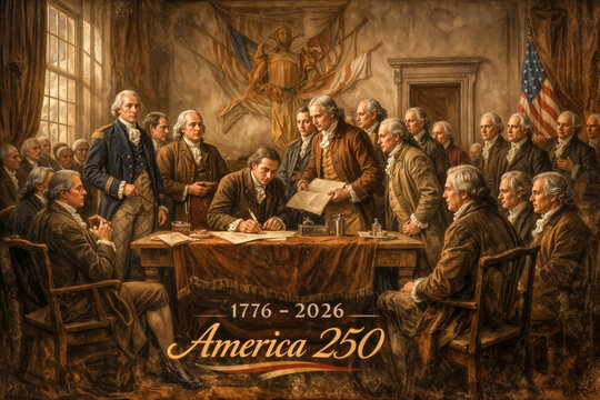 Cinematic recreation of July 4 1776 Declaration of Independence signing at Independence Hall Founding Fathers America250 semiquincentennial 1776-2026 commemoration