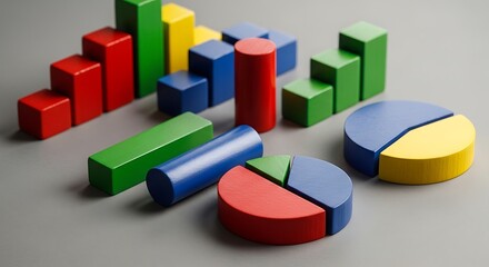 Obraz premium Vibrant wooden blocks arranged to form charts and graphs on a neutral gray surface