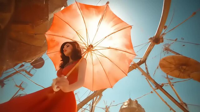 Crimson Elegance: A young woman in a red dress stands under the orange umbrella against a surreal backdrop