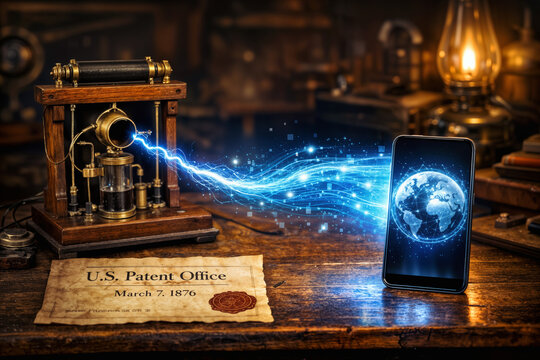 150th anniversary of Alexander Graham Bell telephone patent 1876 conceptual still life showing original gallows model and liquid transmitter morphing into modern smartphone global network