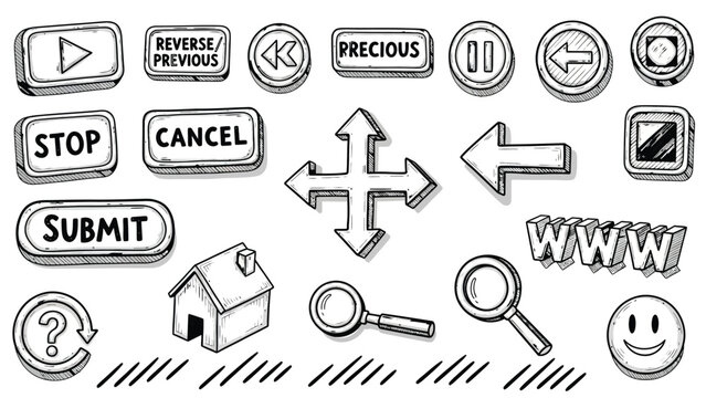 Hand-drawn style icons including navigation arrows, buttons labeled 'Submit,' 'Stop,' 'Cancel,' magnifying glass, house, question mark, and smiley face.