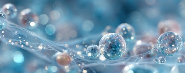 Fototapeta premium Blue background with water bubbles and light particles, an abstract science concept for imagery