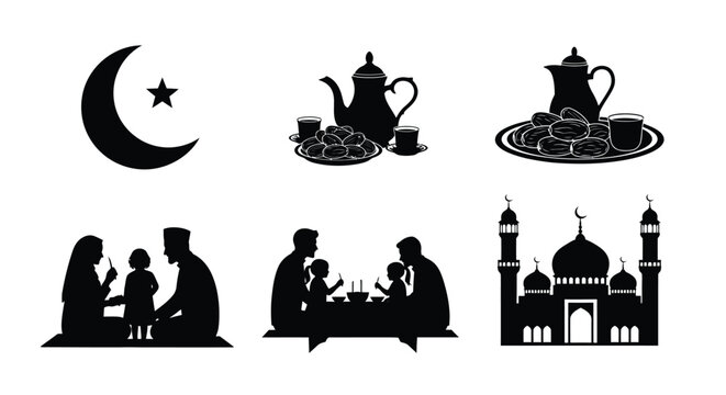Ramadan icons depicting crescent moon tea family and a mosque