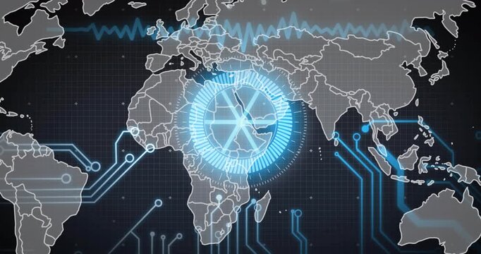 digital HUD being triggered by faint pulse lighting and rotating scanning Africa, showing data flow