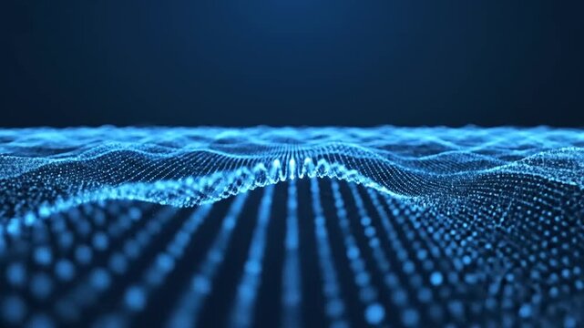 futuristic digital landscape featuring glowing blue wave patterns and intricate grid structures