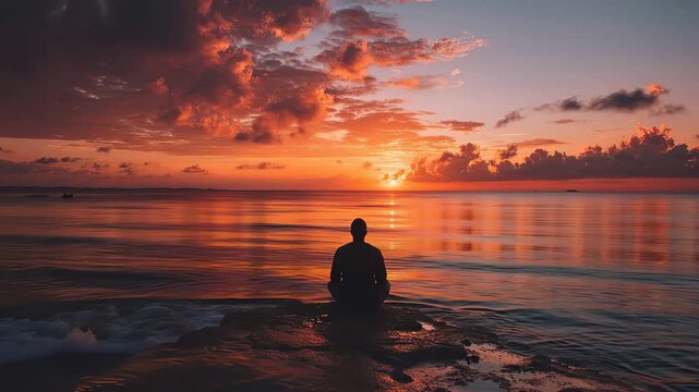 Person sits by the water at sunset, watching the sun go down over the ocean with colorful clouds in the evening sky