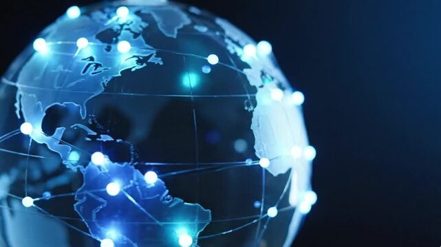Cinematic Glowing Glass Earth Globe with Fiber Optic Network Lines for Global Business and Telecommunication Concept