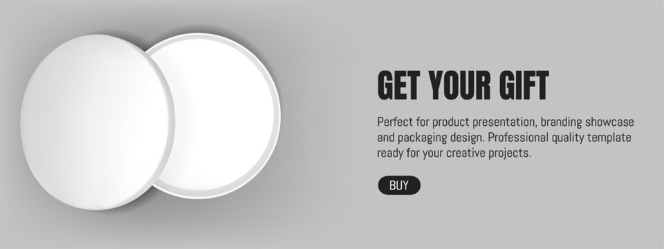 3d white box mockup. Open gift for birthday event on banner background. Luxury present with shadow. Merry Christmas package with lid mock up. Elegant and minimal circular valentine design for header.