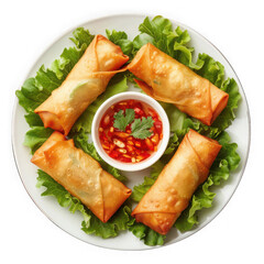 Crispy Fried Spring Rolls with Sweet Chili Dipping Sauce and Fresh Lettuce on a White Plate isolated on transparent background