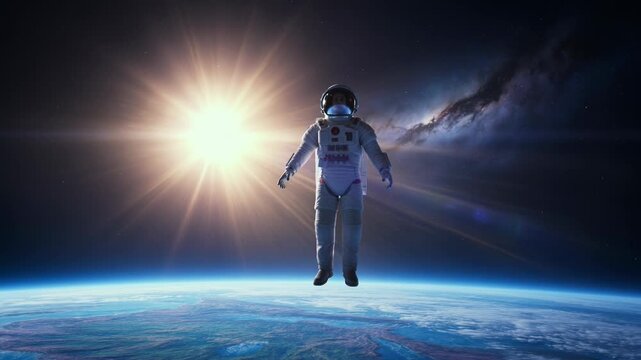 Astronaut floating in space with the sun and planet Earth in background
