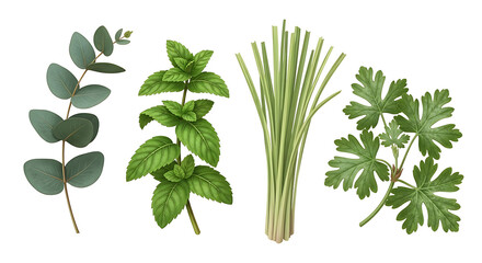 Herbs and eucalyptus branch on transparent background for design