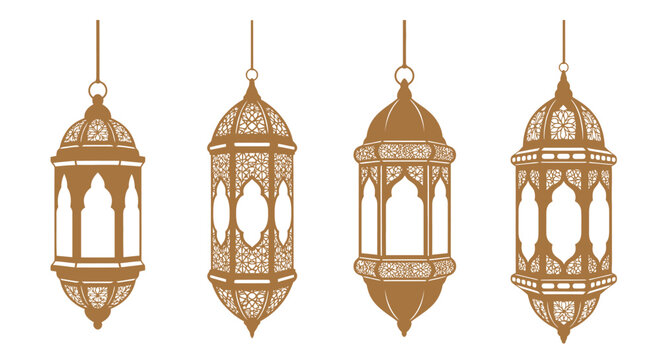 Four ornate hanging lanterns with intricate designs illustrated in brown tones
