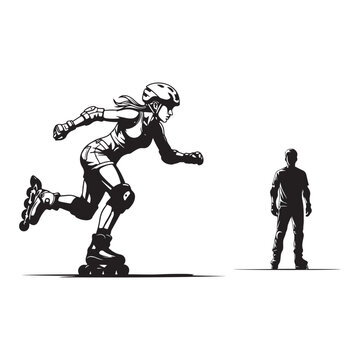 Woman rollerblading inline skating fast silhouette vector