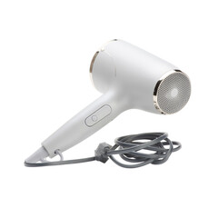 Sleek White Hair Dryer with Gold Accents on Black Background - Modern Professional Hair Styling Tool for Quick Drying