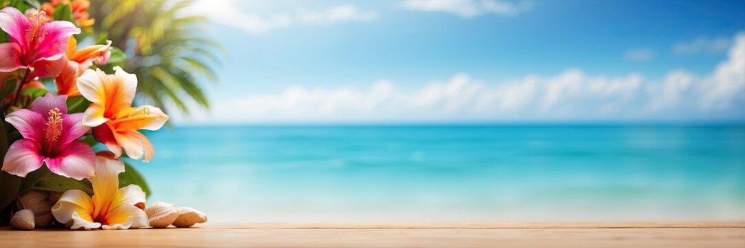 Tropical beach with sandy shoreline, plumeria flowers and turquoise ocean, wide copy space for text, ideal summer vacation design.