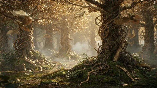 Forest of mechanical trees with interlocking gears and brass leaves, clockwork birds fluttering through warm patina metal and living moss, soft steam haze at ground level and rich tactile textures.