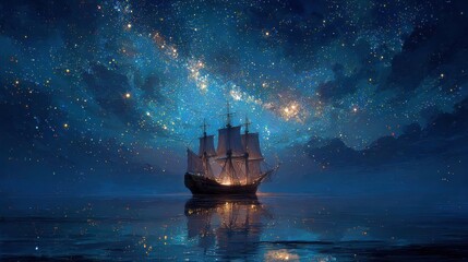 Naklejka premium Majestic sailing ship under starry night sky