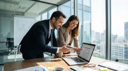 Fototapeta premium Two professional businesspeople sitting at a table in a corporate office work together on a laptop during a successful team meeting
