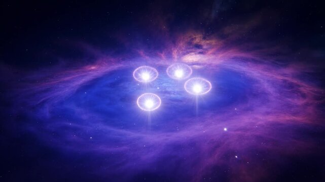 Enchanting cosmic vista featuring four radiant celestial objects amidst a purple nebula