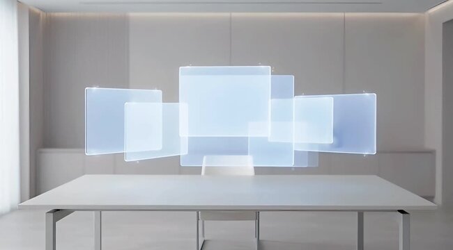 Glowing holographic screens floating over a white modern table in a minimalist office, representing futuristic technology and digital interface concepts.