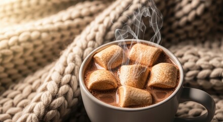 Obraz premium Steaming hot chocolate with fluffy marshmallows on cozy knitted fabric. Warm hot chocolate features soft white marshmallows and rising steam against comforting background.
