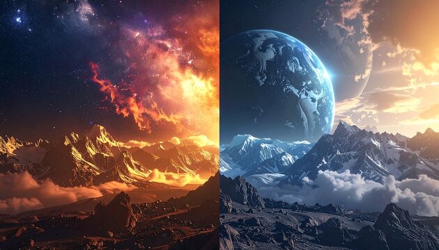 Diptych hot & cold planetscapes with snowy mountains; one nebula, one Earth-like