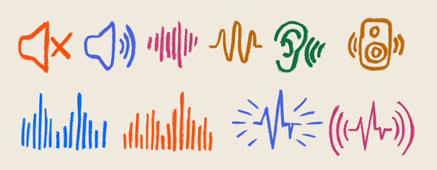 Sound Wave Related Icons Crayon Chalk Drawing Doodle Vector Set © Grunge Designs