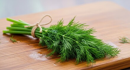 Fototapeta premium Fresh fragrant dill herbs bunched on a wooden cutting board, ready for preparing homemade pickles or flavoring a savory dish, fragrant, food, preserving