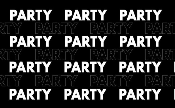 Animated PARTY text repeated across horizontal rows moving laterally in opposite directions in vertical format with black and white background versions.