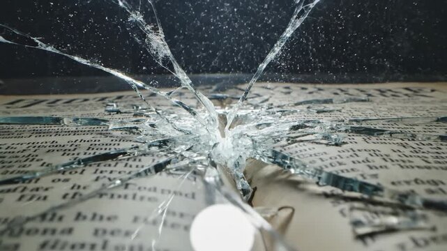 Light beam piercing cracked glass over an antique document.