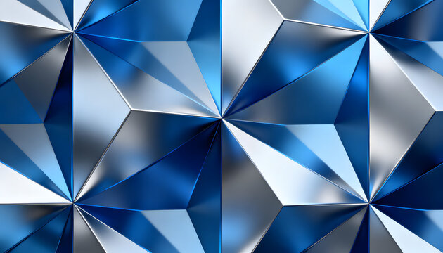 Modern 3d geometric pattern with blue and silver metallic triangles in faceted mosaic design