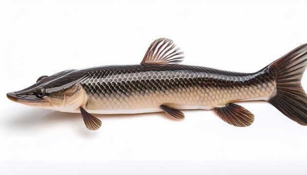 northern snakehead fish with striped body on white background