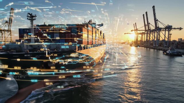 Digital logistics on a container ship navigating a busy port at sunset, illustrating global trade and modern supply chains.
