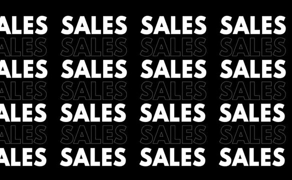 Animated SALES text repeated across horizontal rows moving laterally in alternating directions filling the frame in vertical format with black and white background versions.