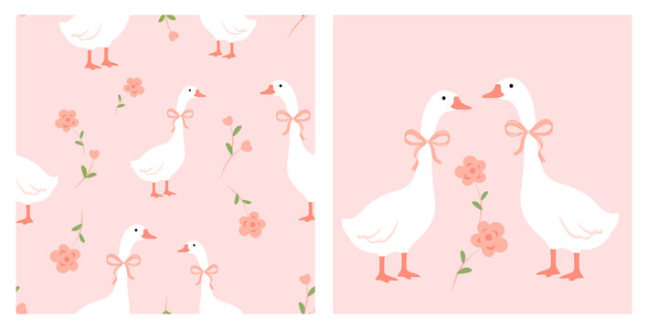 Seamless goose pattern with white geese, pink bows and floral illustration on pastel background.