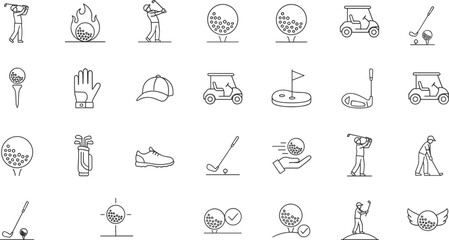 Golf line icon set with player equipment symbols, flat vector illustration isolated on white background sports collection © Itz Julfikar Here