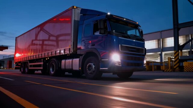 Modern cargo truck with dynamic night transport mood driving on industrial road against logistics warehouse background