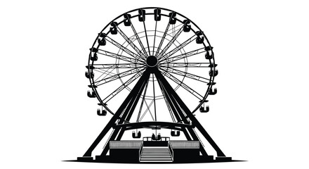 Stark black and white silhouette illustration of a large observation Ferris wheel ride against a light background