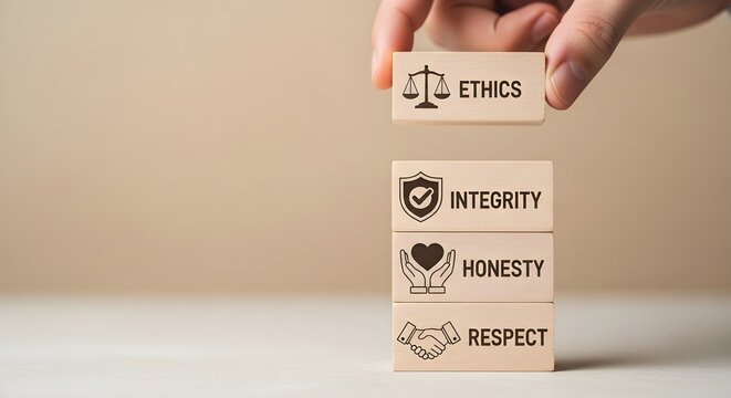 Hand carefully placing a wooden block representing ethics atop a stack symbolizing integrity honesty and respect for core values