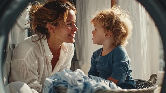 Mother Doing Laundry with Child Sitting in Basket
