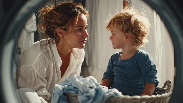 Mother Doing Laundry with Child Sitting in Basket