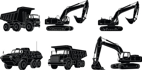 Black vector silhouette set of heavy construction machinery including excavators dump trucks and armored vehicles for industrial site building mining and earthmoving equipment branding © MdRaju