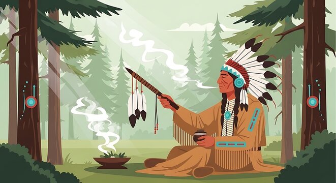 Native American man in headdress sits in forest, holding a smoking stick during a ceremony.