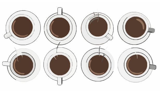 Hand drawn top-down view eight white coffee cups vector sketch illustration