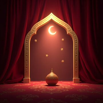 A decorative archway with a glowing crescent moon and stars, set against a red velvet background.