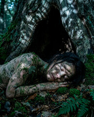 Mother Earth personification sleeping near tree roots covered in mud and moss for environmental awareness, ecology blogs, fantasy covers and spiritual artwork + concept